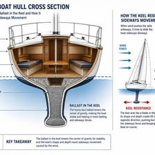 A sailboat shown from the side, with its keel extending beneath the hull.