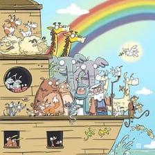 An illustration of Noah’s Ark with animals nearby.