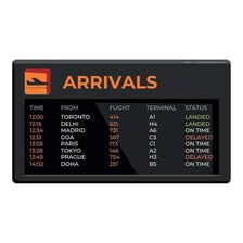 An airport arrivals board listing flight arrival times.