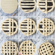 A pie topped with strips of pastry woven into a lattice pattern.
