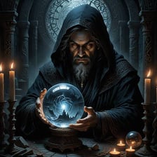A prophetic figure looking into a crystal ball
