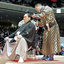 A sumo wrestler wearing a traditional topknot.