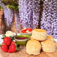 A scone served beside a cup of tea with jam and cream