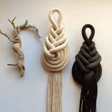 A decorative macramé piece made from knotted cord