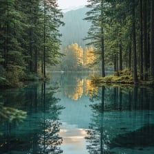 A peaceful, still lake surrounded by quiet landscape.