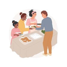 A person serving food to someone at a table.