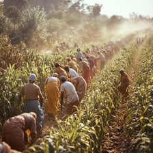A farmer harvesting crops in a field.