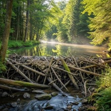 A beaver dam made of branches across a small stream