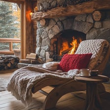 A cozy chair positioned beside a glowing fireplace.