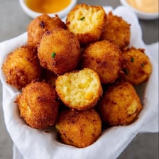 Golden fried cornmeal hush puppies served as a side dish