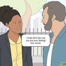 Two people having a conversation, with one agreeing with the other's wording.