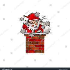 Santa Claus emerging from a chimney with soot on his clothing and face.