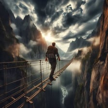 A rope suspension bridge moving from side to side above a gap.