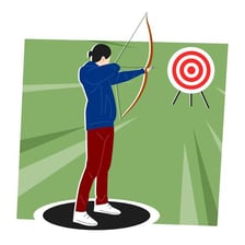 An archer aiming a drawn bow at a target