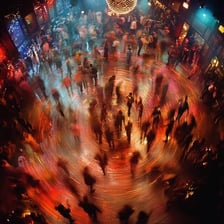 People dancing on a brightly lit dance floor