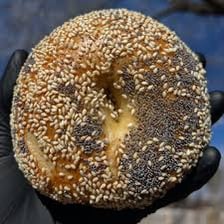 A bagel covered with white sesame seeds.