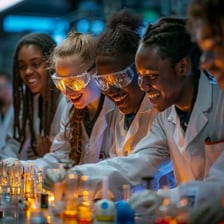 Classmates conducting a chemistry experiment together in a classroom.