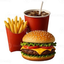 A fast-food meal consisting of a burger, fries, and a drink.