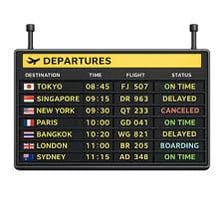 An airport departure board displaying a delayed flight.