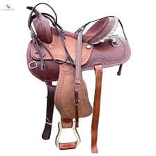 A saddled horse standing outdoors.