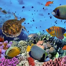 A coral reef underwater, surrounded by tropical fish.