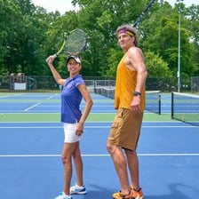 A split scene showing a stand-up comedian and a tennis match
