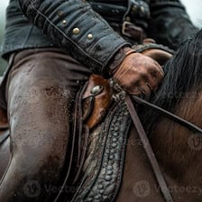 A rider holding leather reins attached to a horse’s bridle
