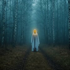 Translucent ghostly figures appearing in mist