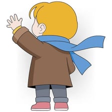 A cartoon character giving a dismissive farewell wave