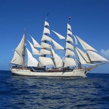 A ship traveling across the ocean on a voyage.