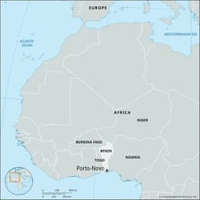 A map of Benin showing Porto-Novo near the country's southern coast.