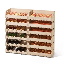 A cellar containing wine bottles and stored vegetables