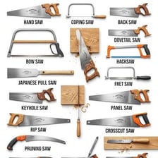 Several hand saws displayed near stacks of lumber