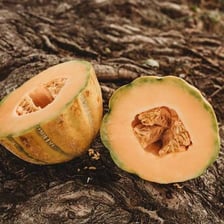 A casaba melon shown whole and cut open