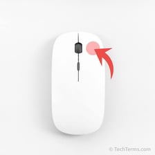 A hand clicking the button of a computer mouse