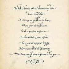 A handwritten romantic poem on a page.