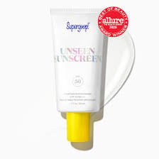 A Supergoop sunscreen bottle displaying an SPF rating.