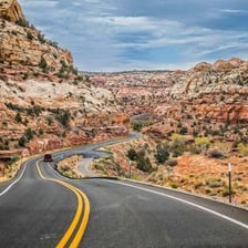 A road forming a route through a landscape.