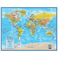 An open atlas showing printed maps of the world.
