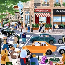 A busy urban street filled with pedestrians and traffic.