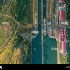 A view of ships passing through the Panama Canal locks.