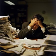 A person working through a pile of repetitive paperwork.