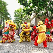 A Vietnamese Tết celebration with traditional decorations