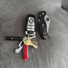 Small key fobs attached to metal keychains.