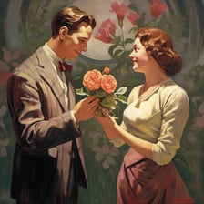 A person offers flowers while courting a partner.