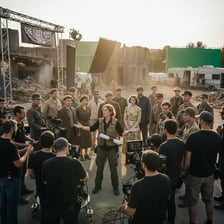 A group of actors gathered on a film set