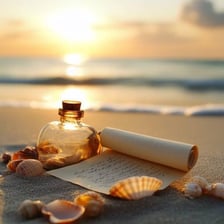 A glass bottle containing a rolled message on a beach