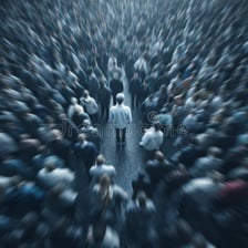 A person standing in the middle of a surrounding crowd