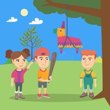 A child striking a colorful piñata with a stick