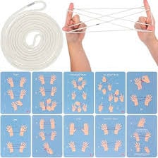 Hands forming a cat’s cradle figure with a loop of string.